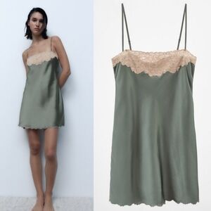 New Zara Satin Lace Adjustable Strap Watery Green Lingerie Slip Mini Dress Small